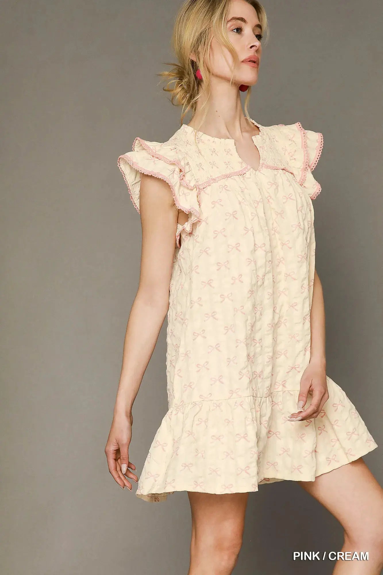 Umgee Bow Print Ruffled Cap Sleeve Mini Dress by Umgee