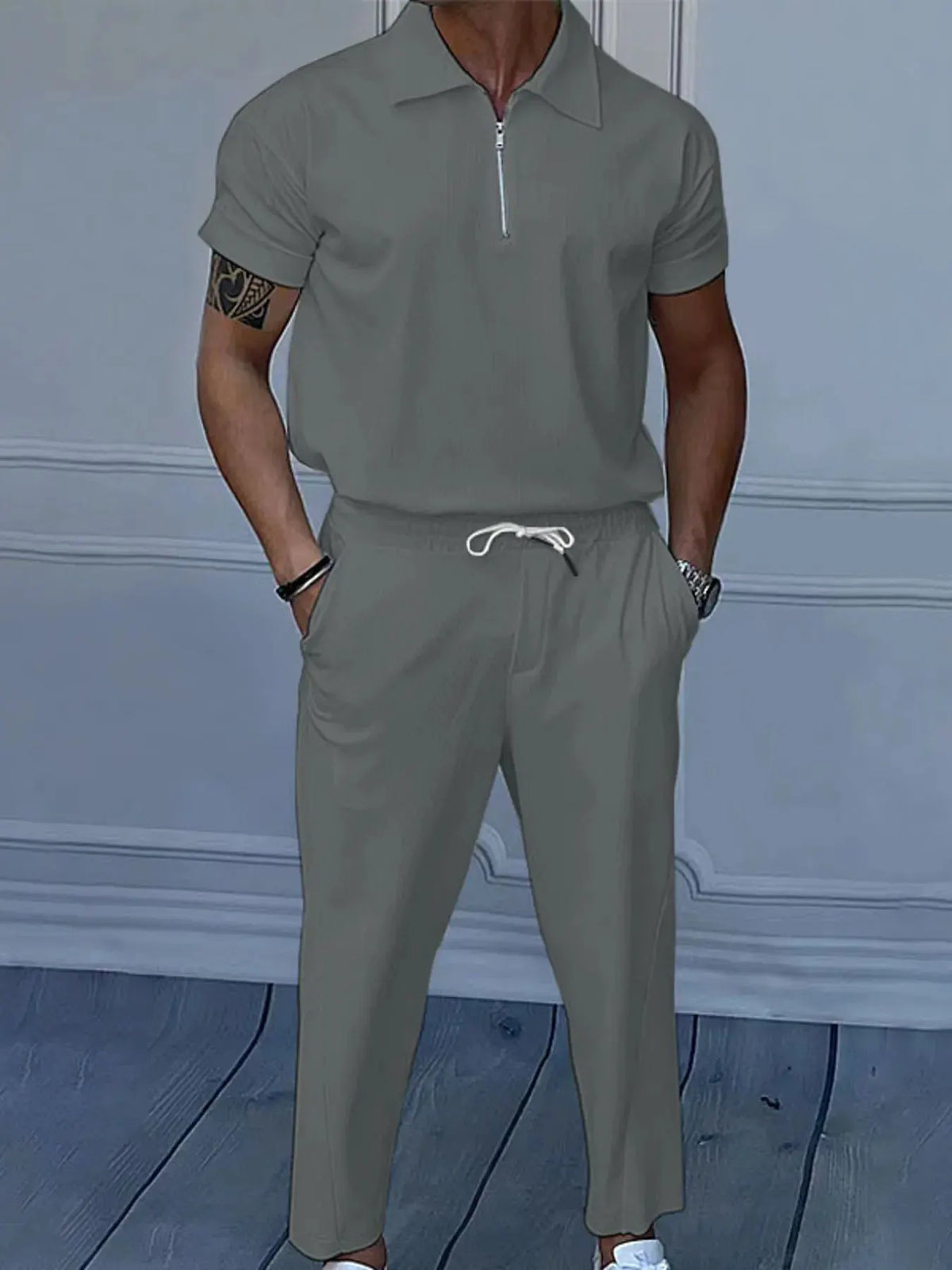 Men's Full Size Quarter Zip Short Sleeve Polo and Pants Set Plus Size by Trendsi