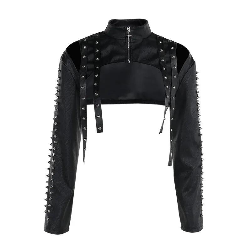 Women's Black Leather Cropped Jacket Spiked Cutout BYMANYC ® New York CONTEMPORARY EDGY MODERN OUTERWEAR - New Collection by BYMANYC ® New York
