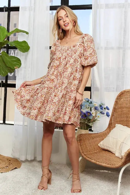ADORA Floral Square Neck Puff Sleeve Dress by ADORA