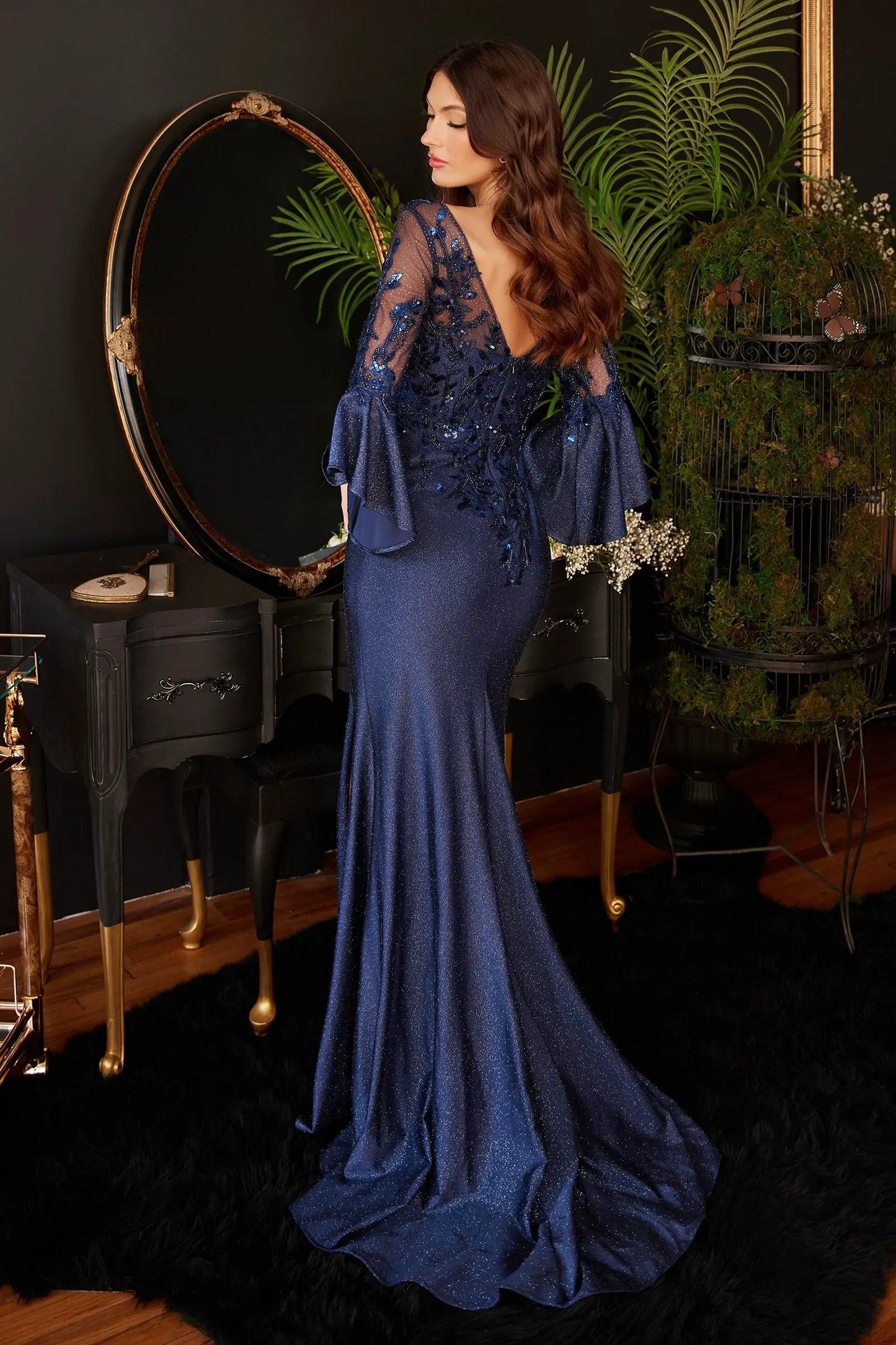 Long Bell Sleeve Lace & Satin Gown by Tux-USA