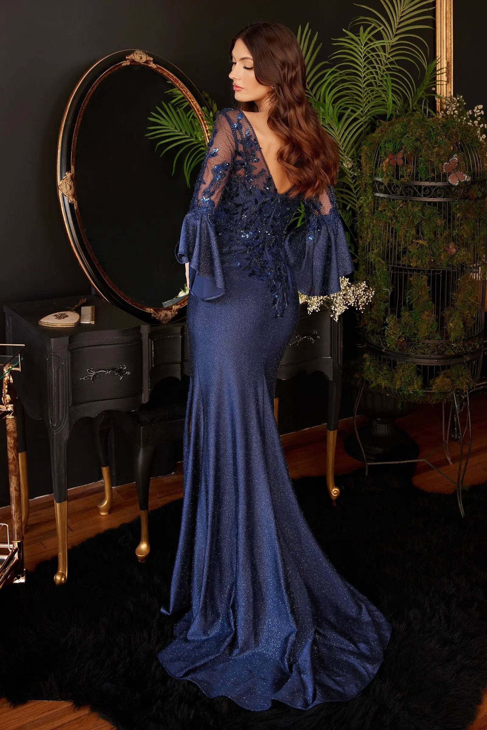 Long Bell Sleeve Lace & Satin Gown by Tux-USA