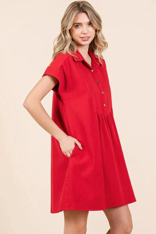 Mittoshop Twill Short Sleeve Collared Mini Dress by Mittoshop