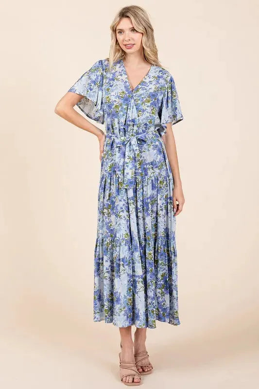 Mittoshop Floral Tie Waist Flutter Sleeve Tiered Dress by Mittoshop