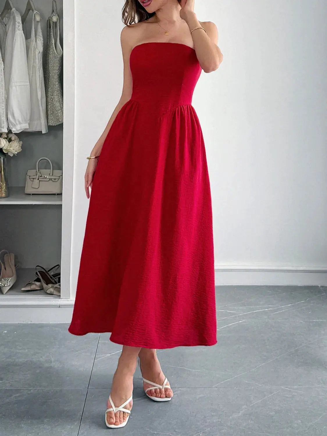 Strapless A-Line Midi Dress with Pockets by Partner Label