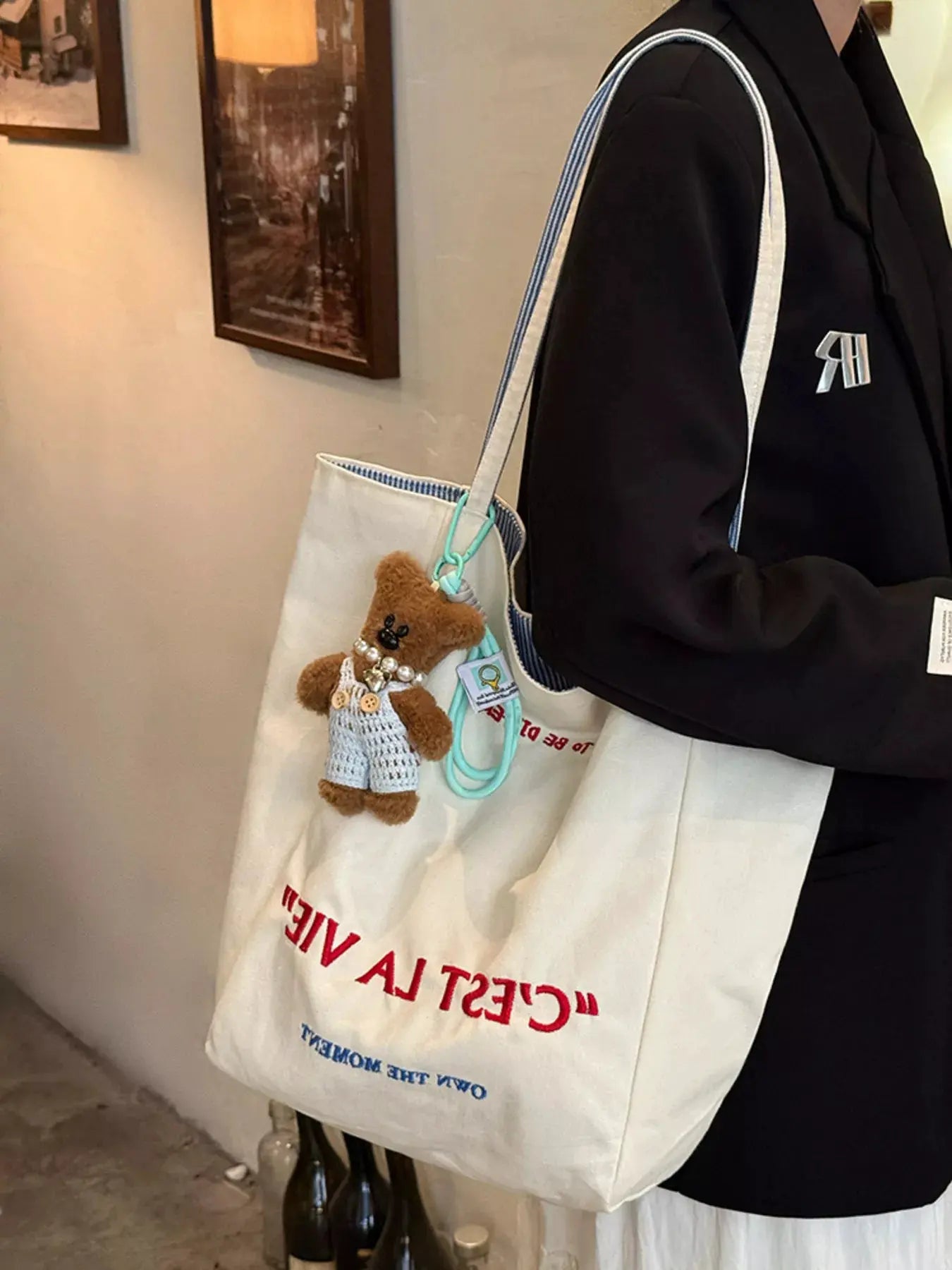 Letter Embroidered Canvas Shoulder Bag by Partner Label