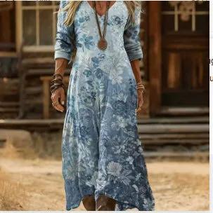 Boho Tie-Dye Watercolor Print V-Neck Long-Sleeve Maxi Dress by Anybestbuy Store