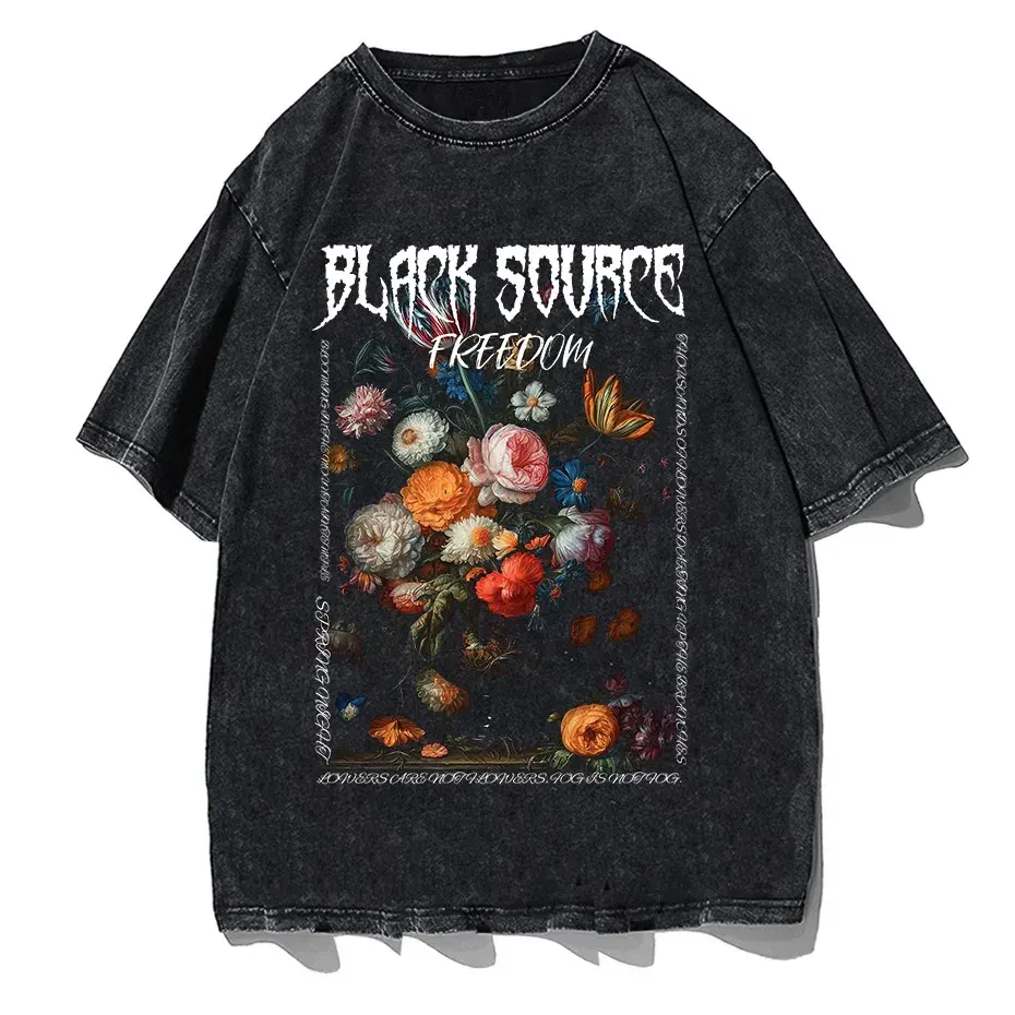 Gothic Rose Letter Print Vintage Washed Oversized T-Shirt by Vimost Shop