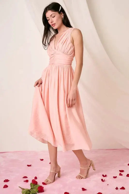 Mittoshop Ruched V-Neck Sleeveless Midi Dress by Mittoshop