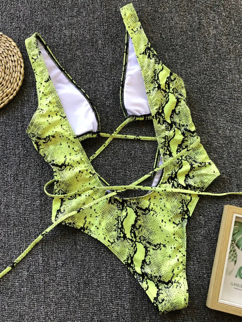 Lace-Up Backless Plunge One-Piece Swimwear by Partner Label