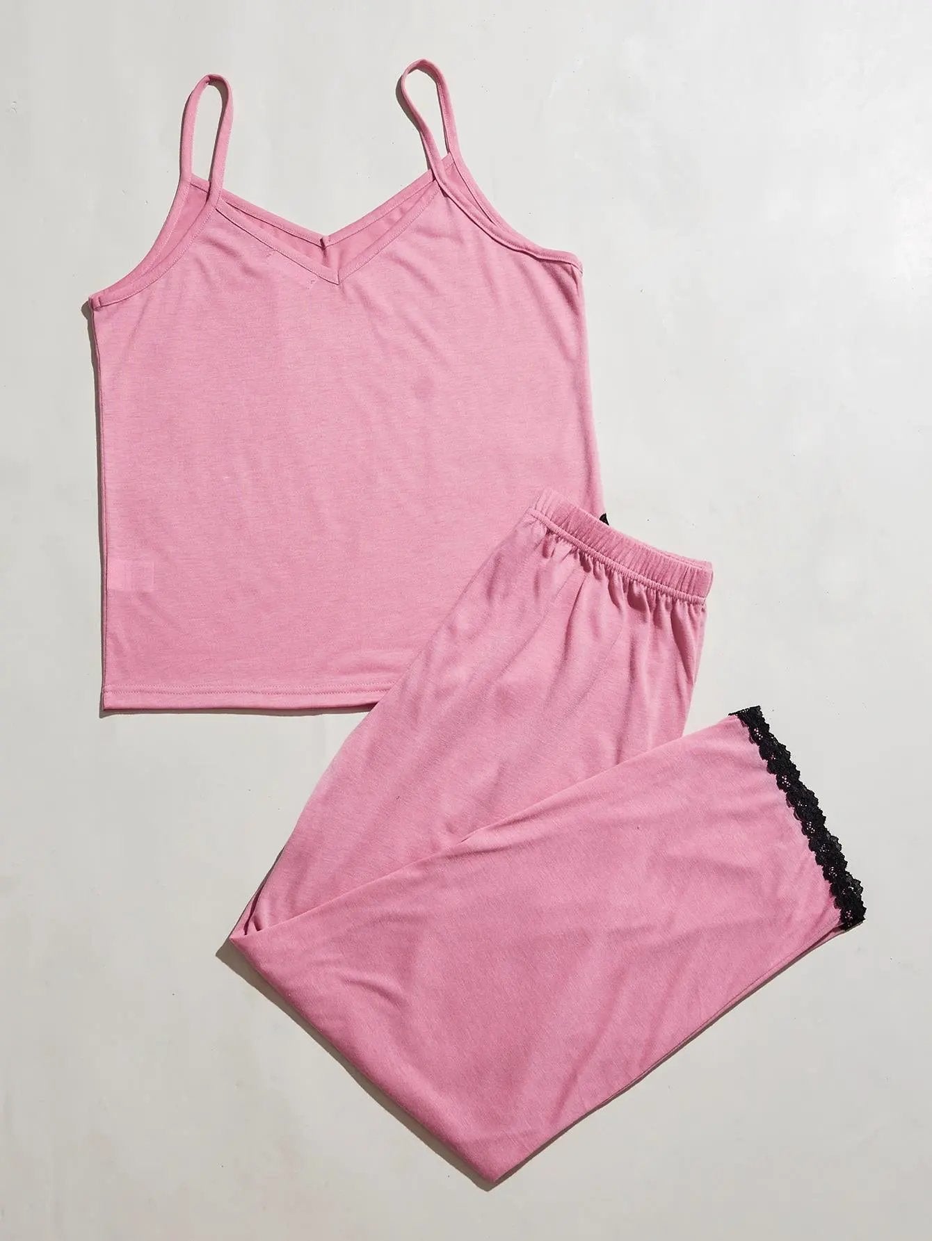 V-Neck Lace Trim Slit Cami and Pants Pajama Set by Partner Label
