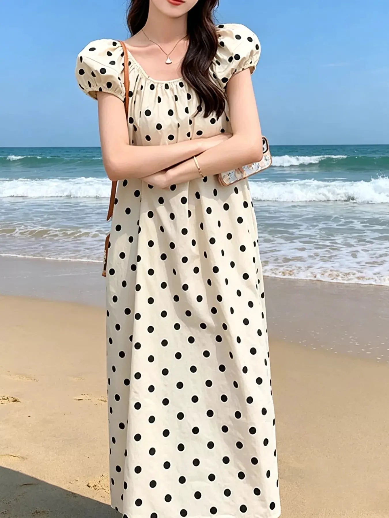 Polka Dot Puff Sleeve Midi Dress by Trendsi