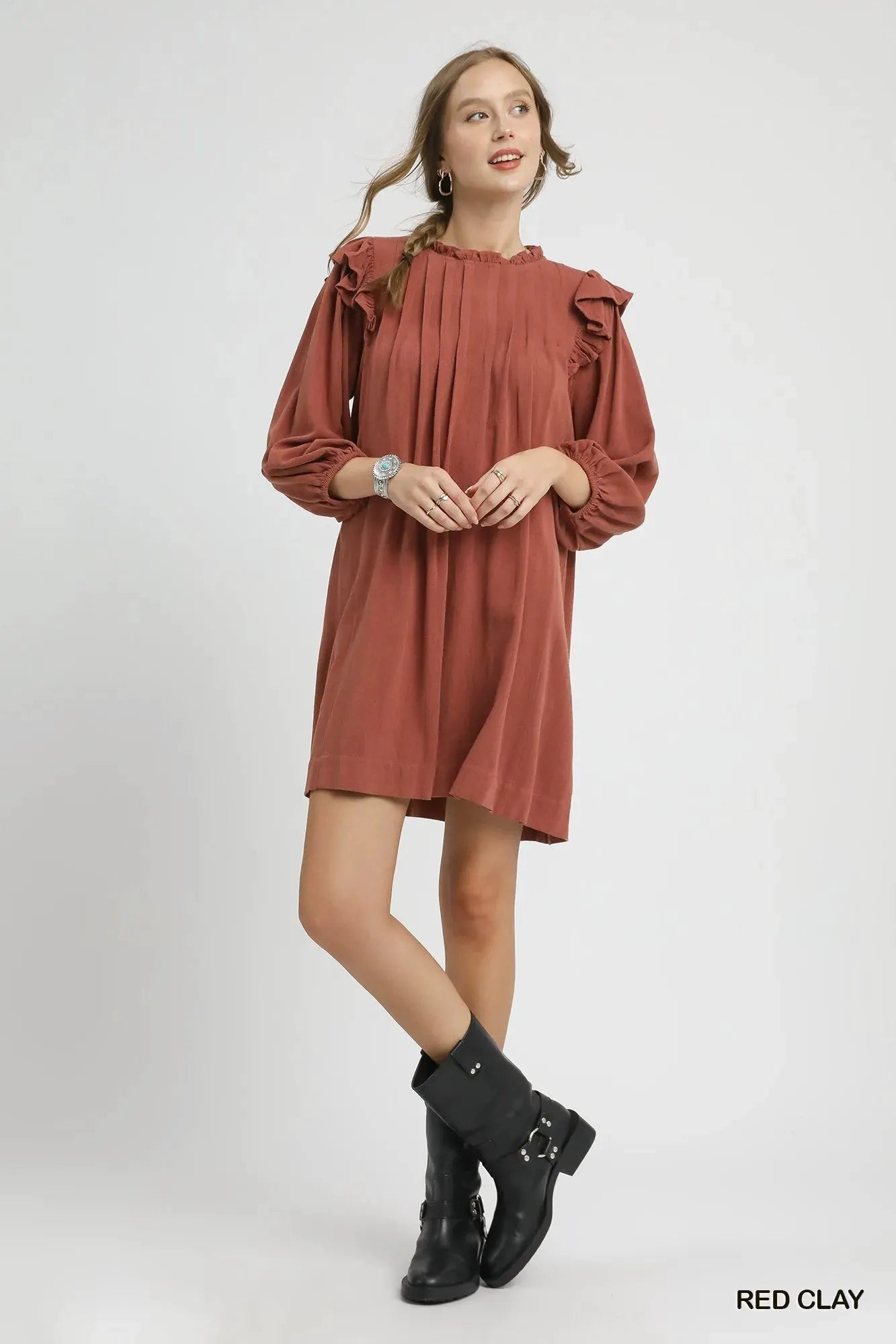 Umgee Linen Ruffle Shoulder Pleated Babydoll Dress by Umgee