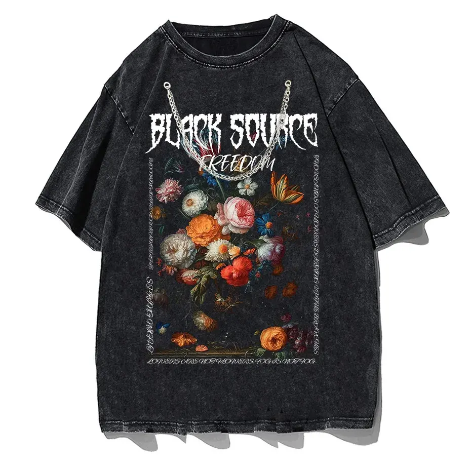 Gothic Rose Letter Print Vintage Washed Oversized T-Shirt by Vimost Shop