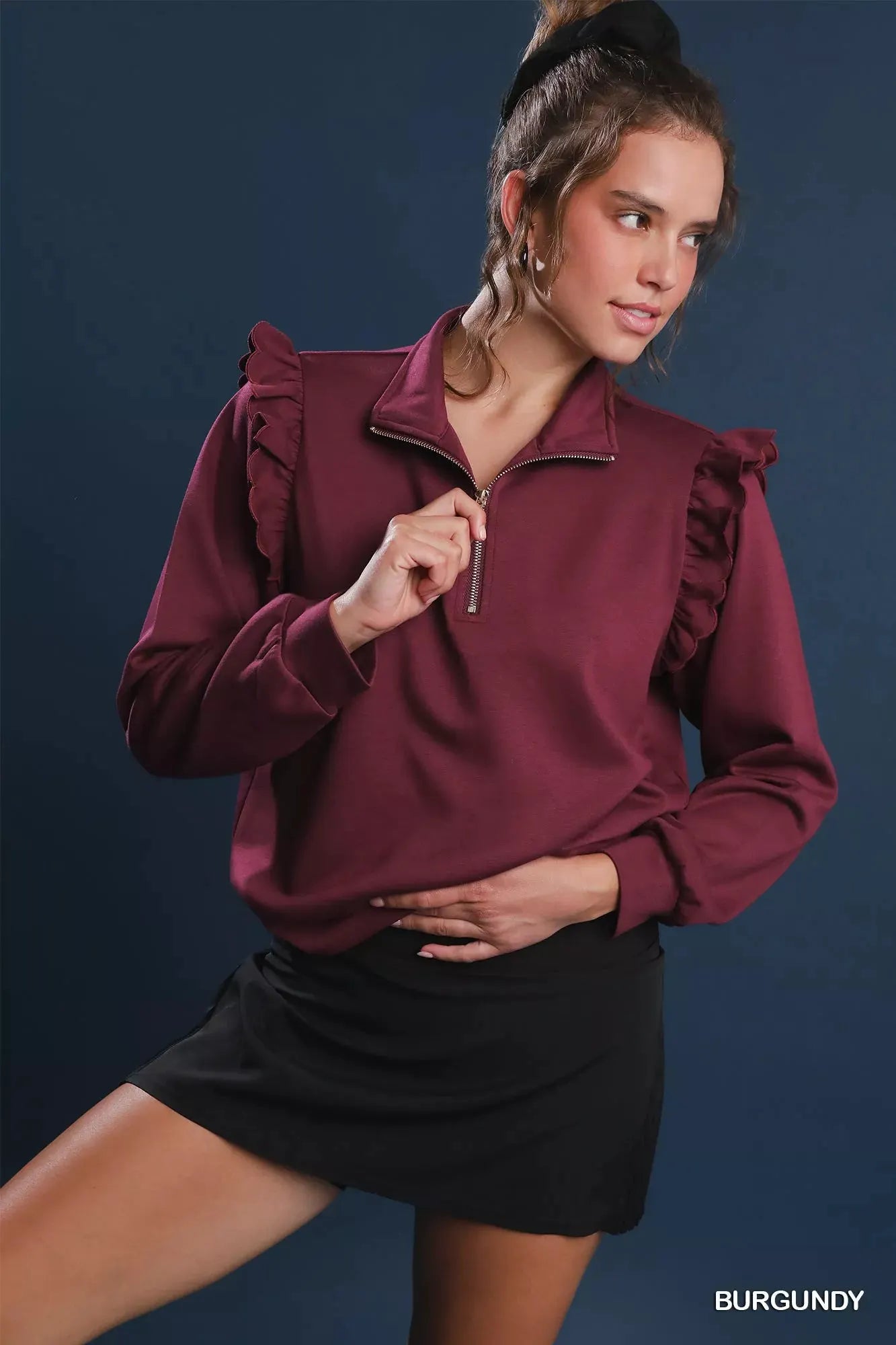 Umgee Luxeknit Ruffle Shoulder Quarter-Zip Sweatshirt by Umgee