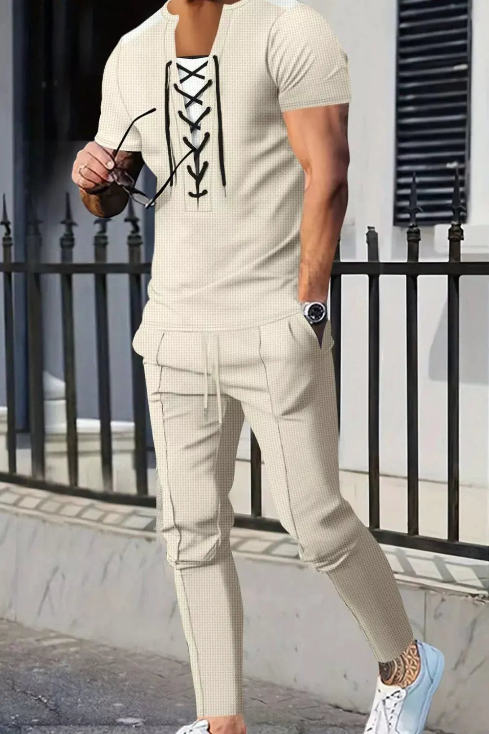 Men's Full Size Lace-Up Front Top and Pants Casual Set Plus Size by Trendsi