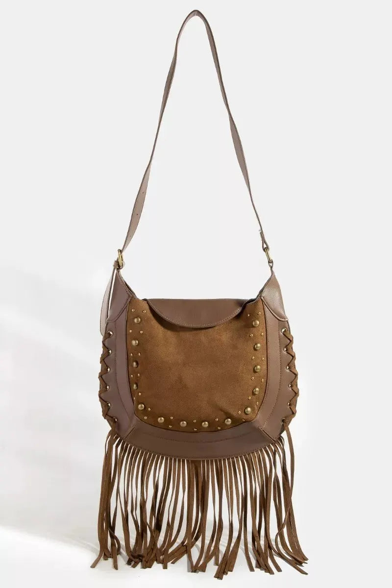 Fame Rivet Trim Suede Fringe Shoulder Bag by Fame