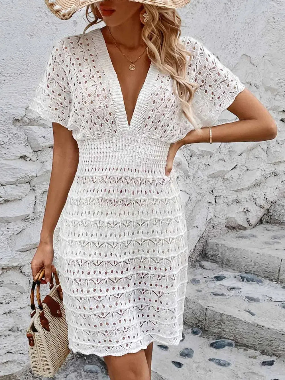 Openwork Plunge Short Sleeve Cover-Up Dress by Partner Label