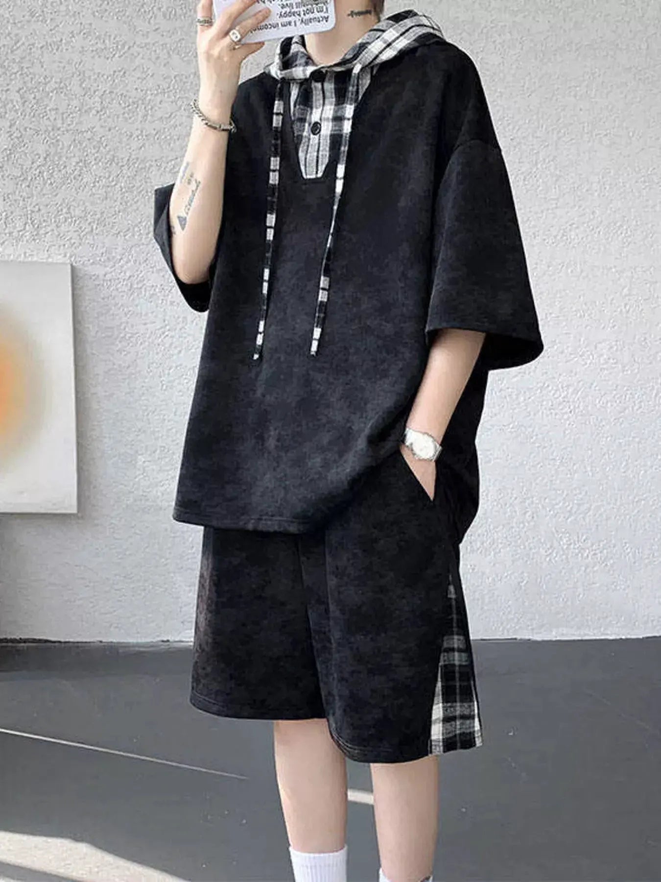 Men's Plus Size Tie-Dye Plaid Patchwork Hoodie and Shorts Set by Trendsi
