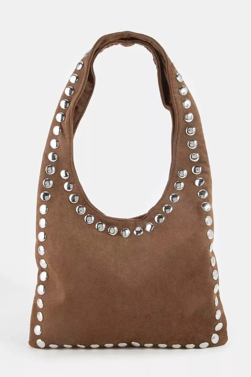 Fame Grommet Border Studded Suede Shoulder Bag by Partner Label