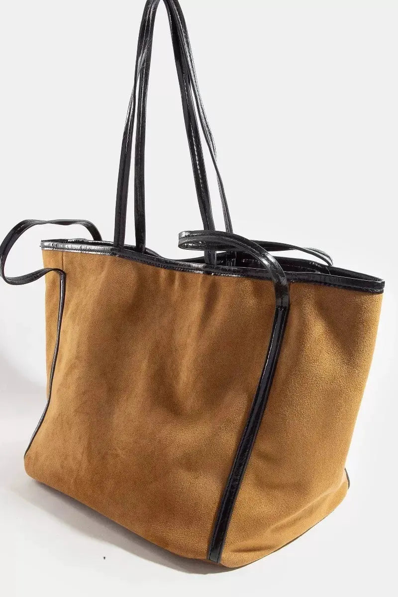 Fame Suede Tote Faux Leather Trim Shoulder Strap by Fame