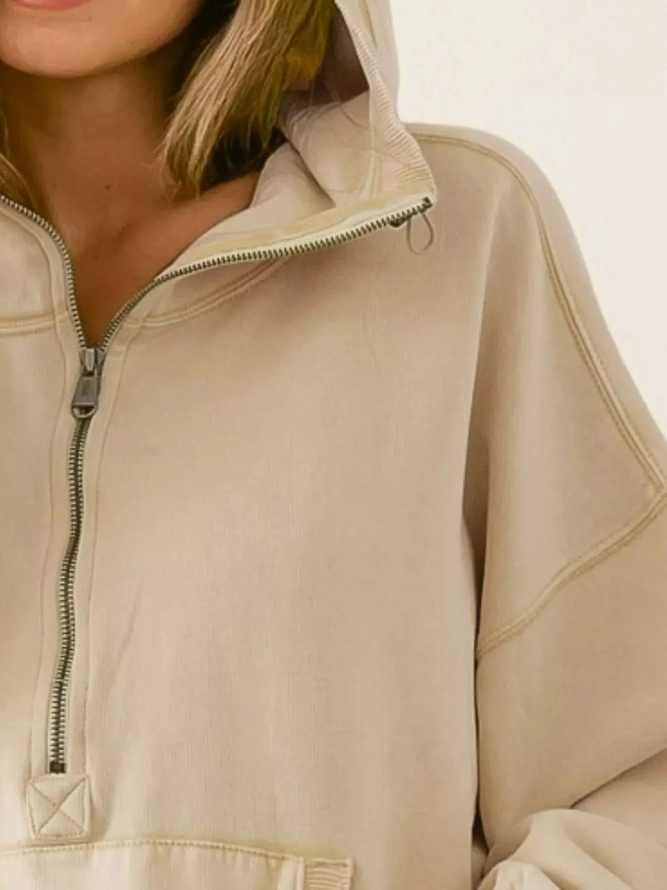 BiBi Stitch Detailed Elastic Hem Half Zip Fleece Hoodie by BiBi
