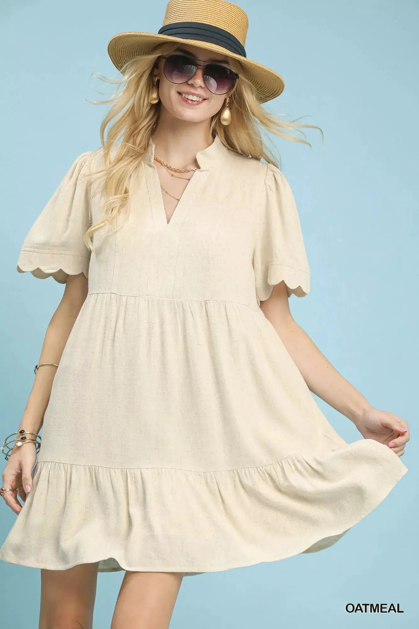 Umgee Linen Tiered Babydoll Dress with Scalloped Sleeves by Umgee