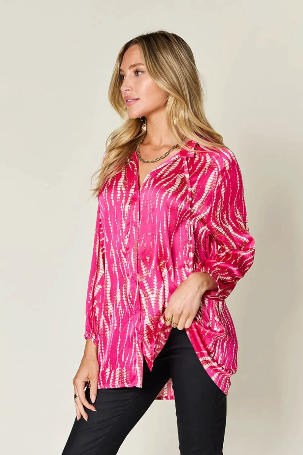 Double Take Full Size Printed Button Up Long Sleeve Shirt by Double Take