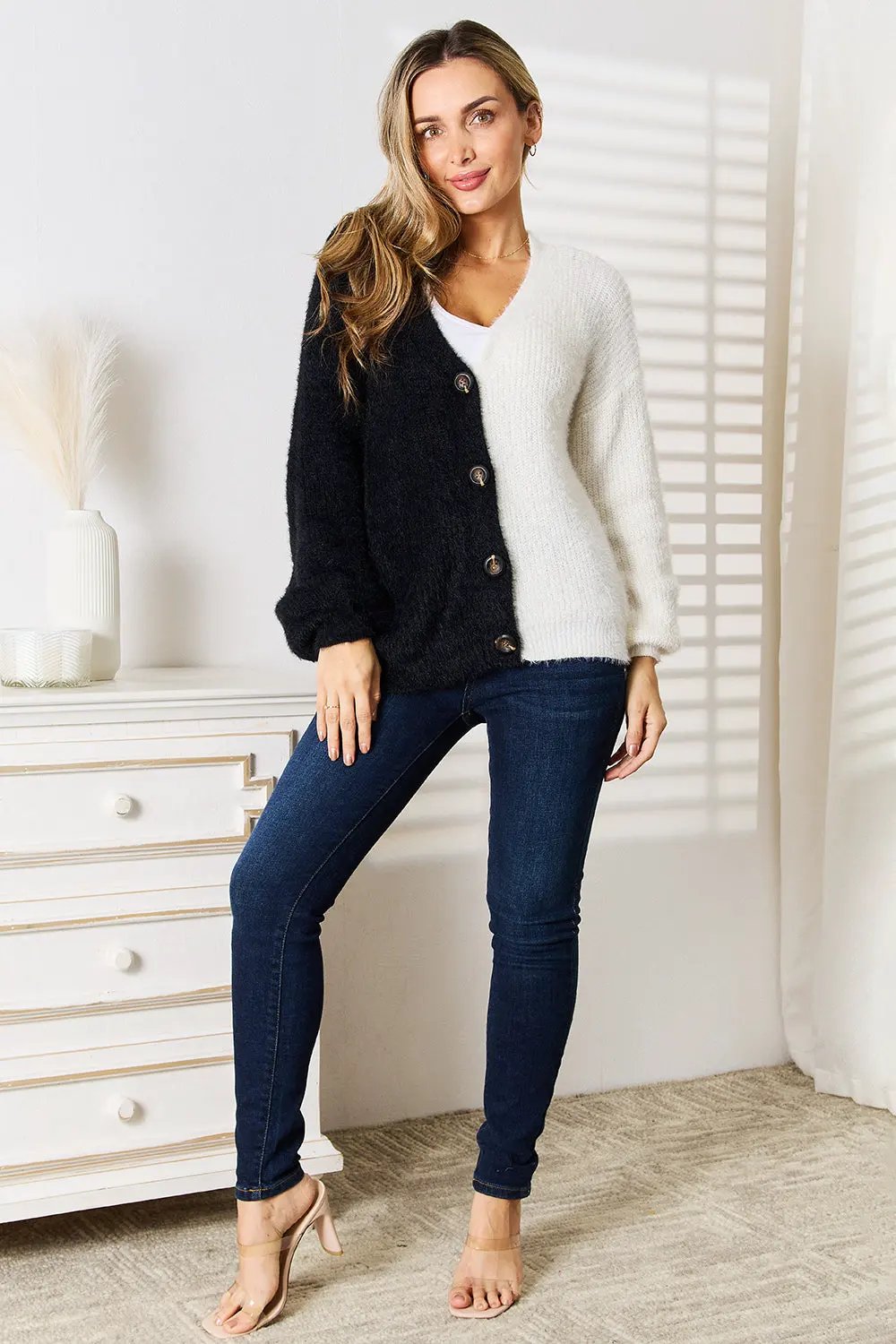 Angel Wings Woven Right Contrast Button-Front V-Neck Cardigan by Angel Wings