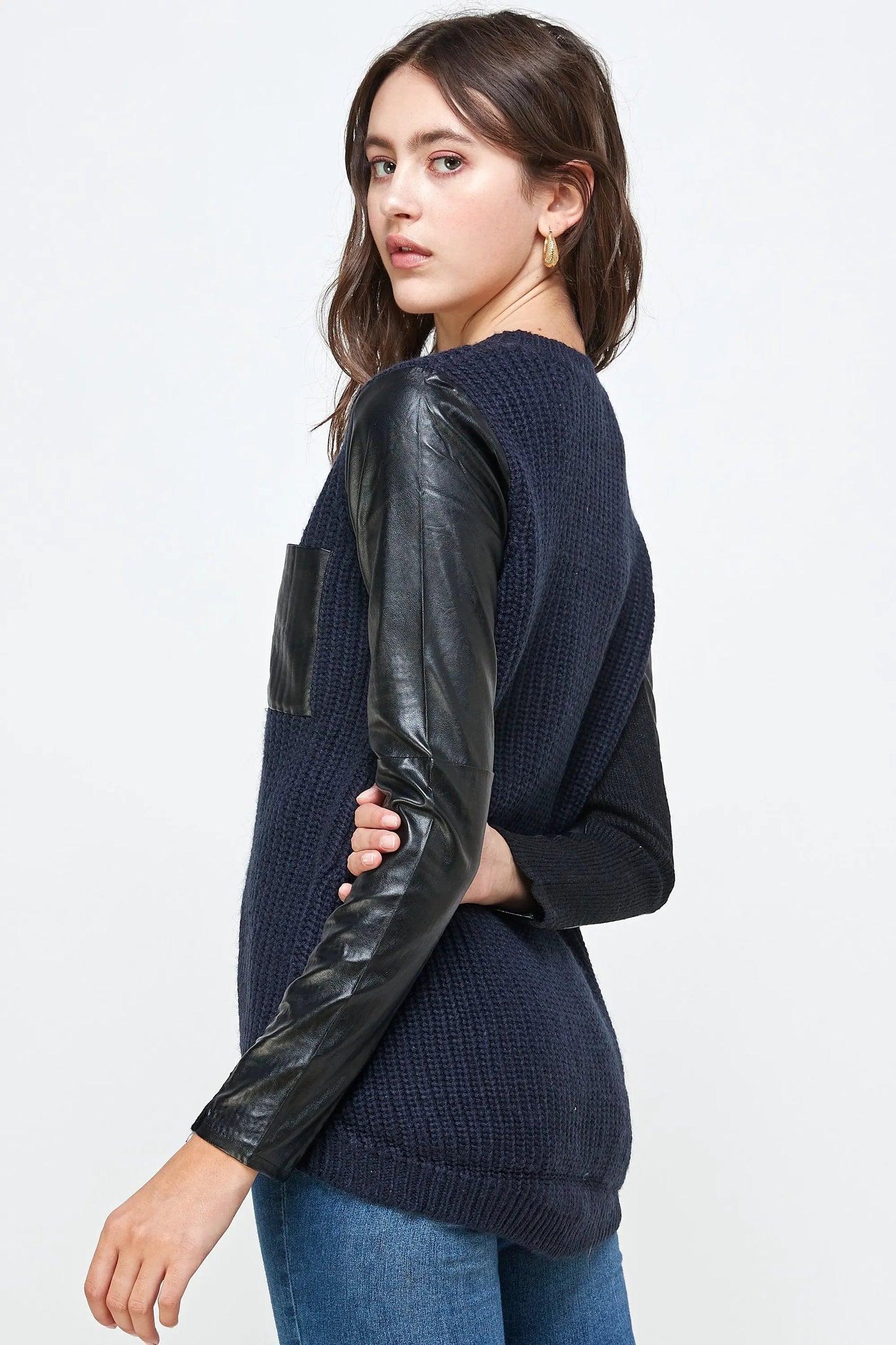 Chunky Knit Sweater with Faux Leather Sleeves 🖤✨ High-Low Top by Inland Leather