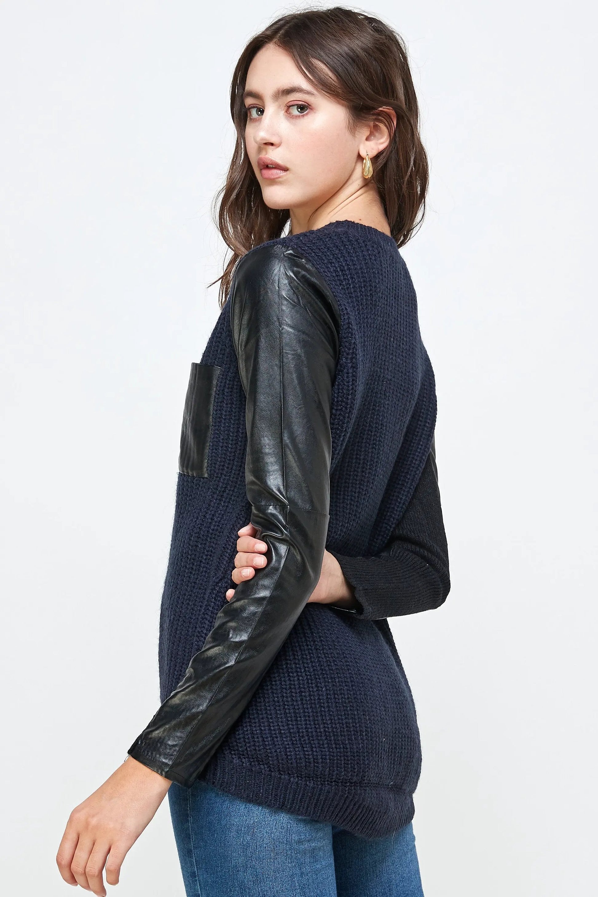 Chunky Knit Sweater with Faux Leather Sleeves 🖤✨ High-Low Top by Inland Leather