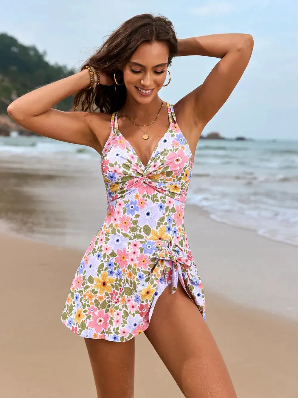 Twisted Front Crisscross Double Spaghetti Strap One-Piece Swimwear by Partner Label