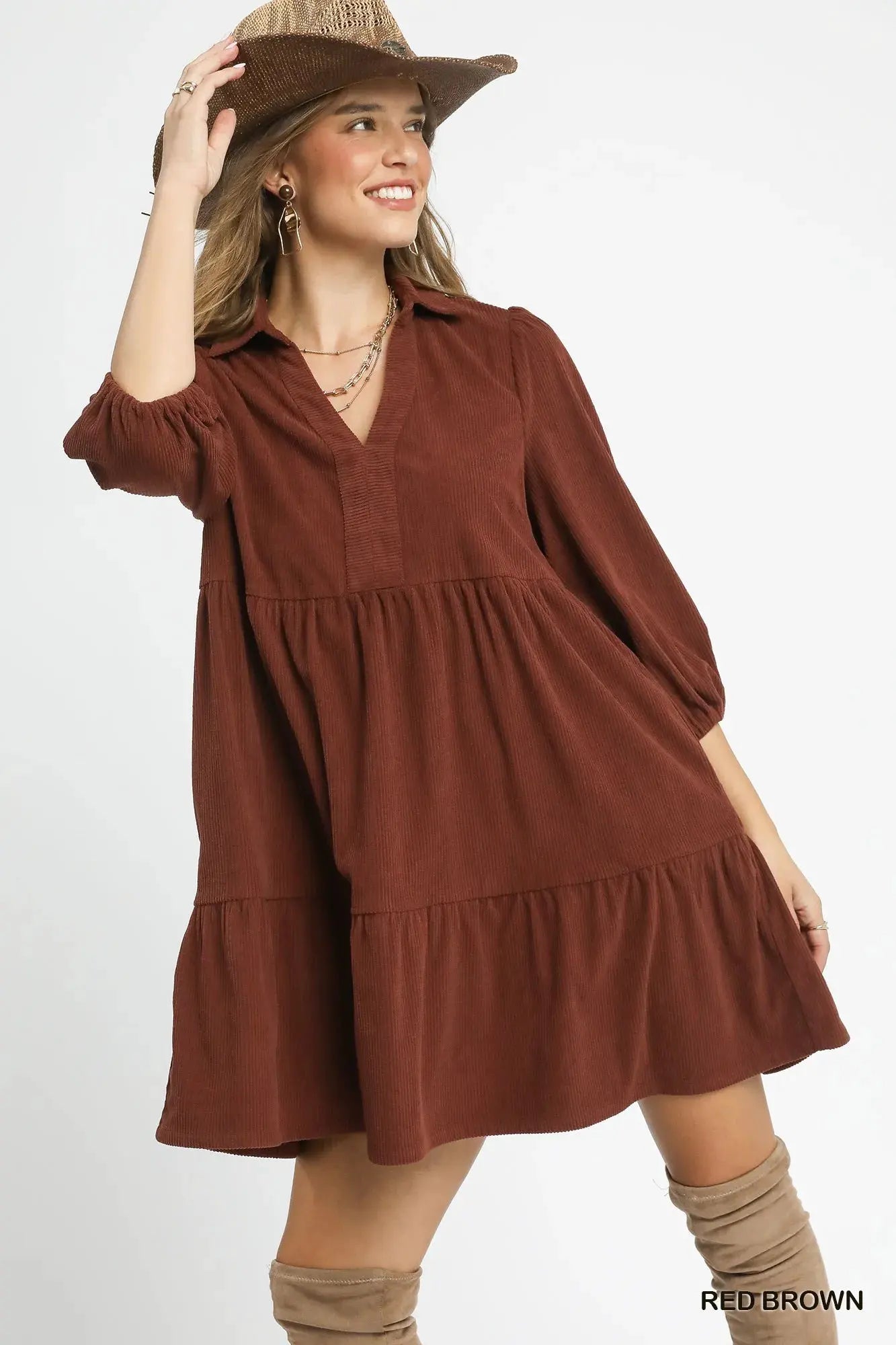 Umgee Tiered Corduroy Mini Dress with Balloon Sleeves by Umgee