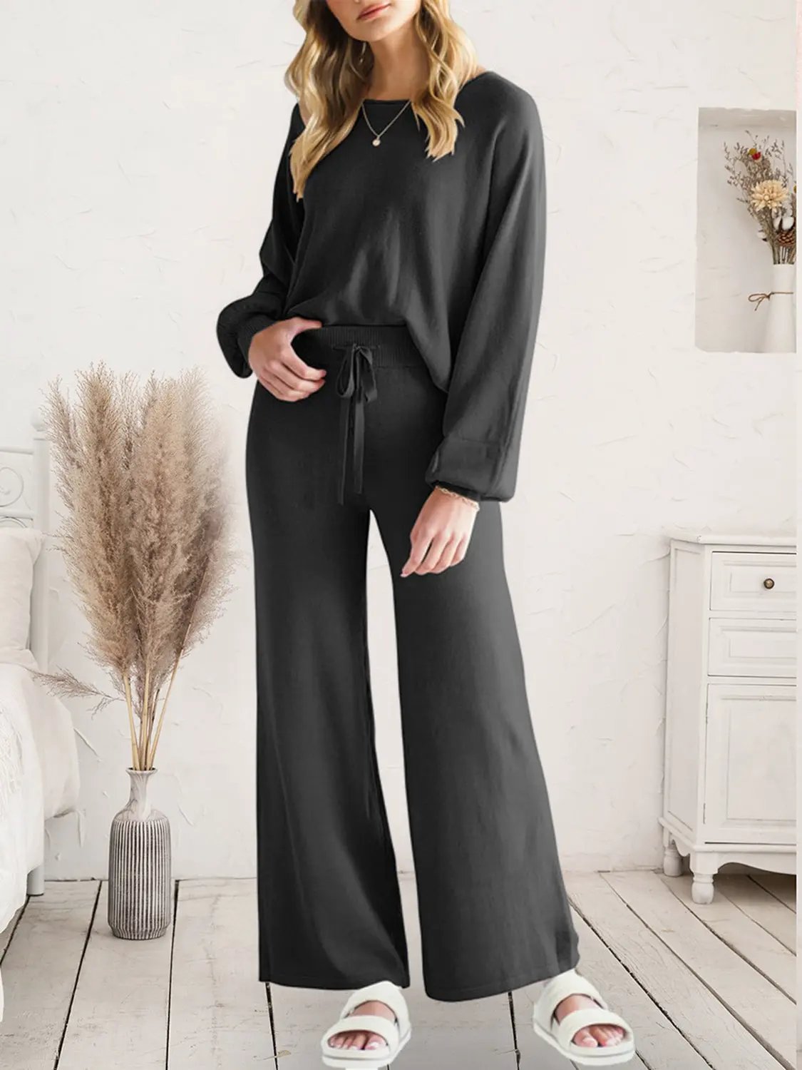 Long Sleeve Lounge Top and Drawstring Pants Set by Partner Label