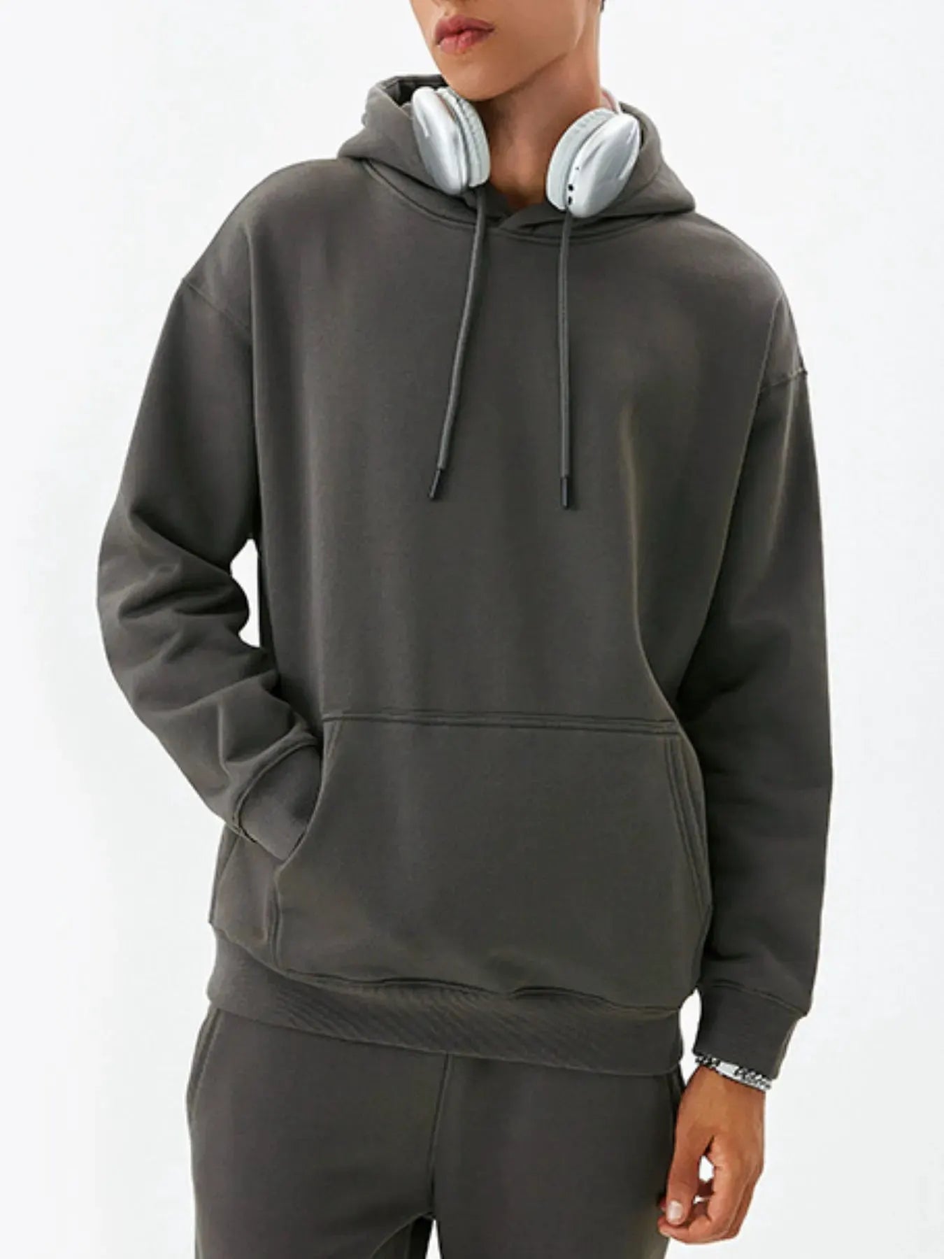 Men's Drawstring Kangaroo Pocket Long Sleeve Hoodie by Trendsi