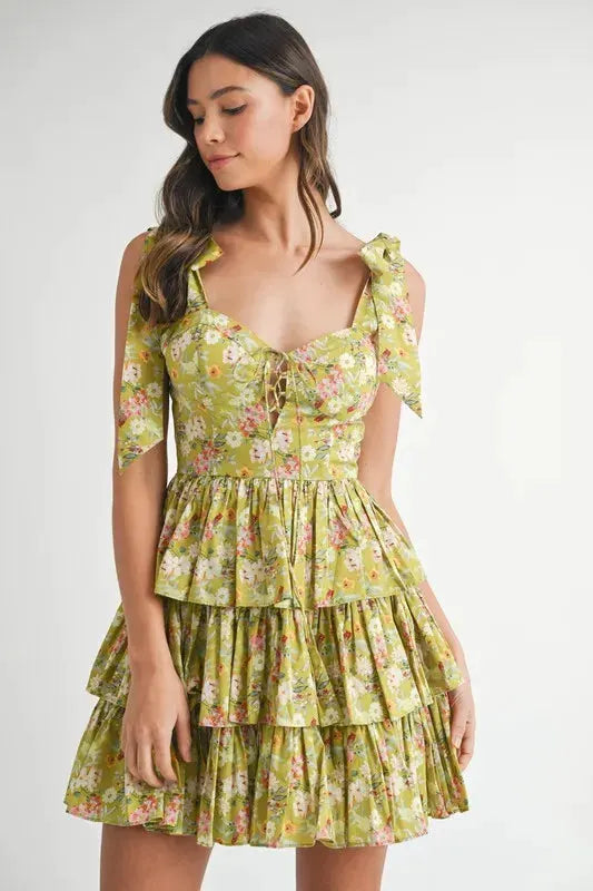 MABLE Floral Print Shoulder Tie Layered Mini Dress by MABLE