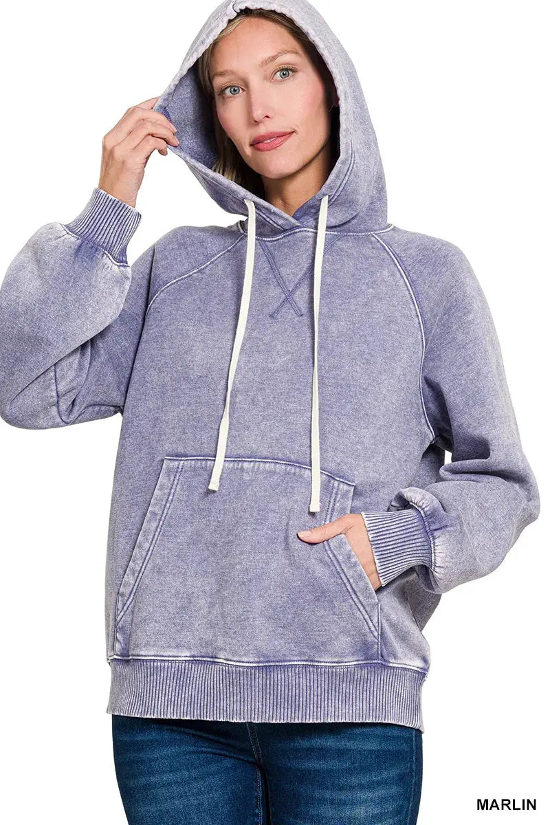 Zenana Acid Wash Fleece Hoodie with Kangaroo Pocket by Zenana