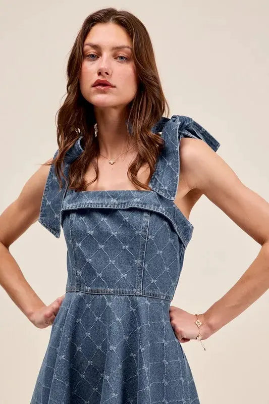 SO ME A Line Fit and Flare Diamond Bow Ribbon Denim Dres by SO ME