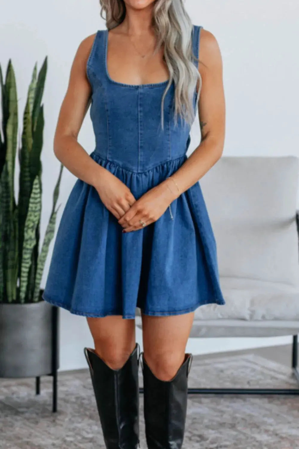 V-Back Bow Tie Denim Skater Dress by Partner Label