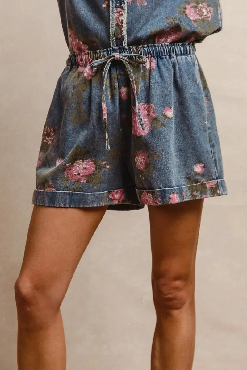 BiBi Floral Printed Denim Short Pants With Pocket by BiBi