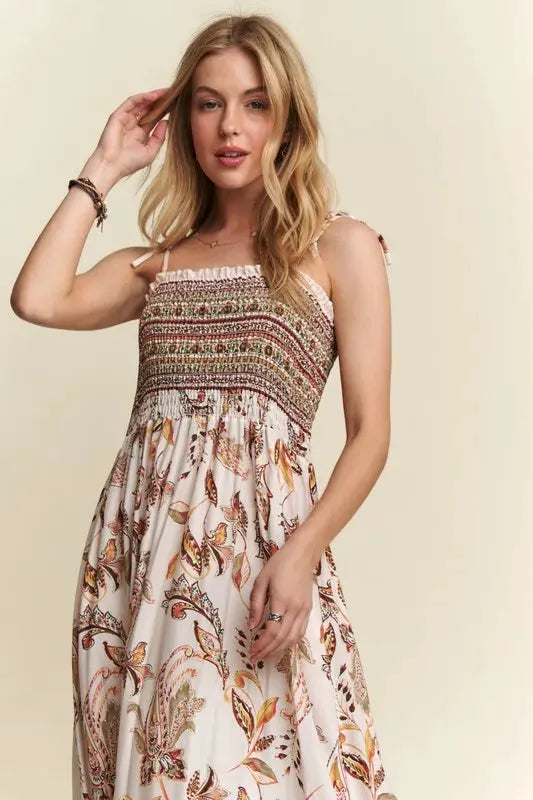 ADORA Smocked Printed Square Neck Tie Shoulder Cami Dress by Partner Label