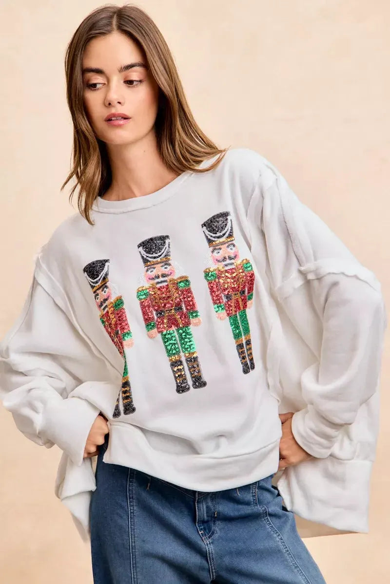 BiBi Christmas Sequin Nutcrackers Embroidery Sweatshirt by BiBi