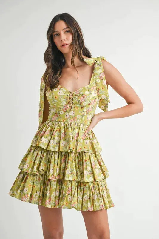 MABLE Floral Print Shoulder Tie Layered Mini Dress by MABLE