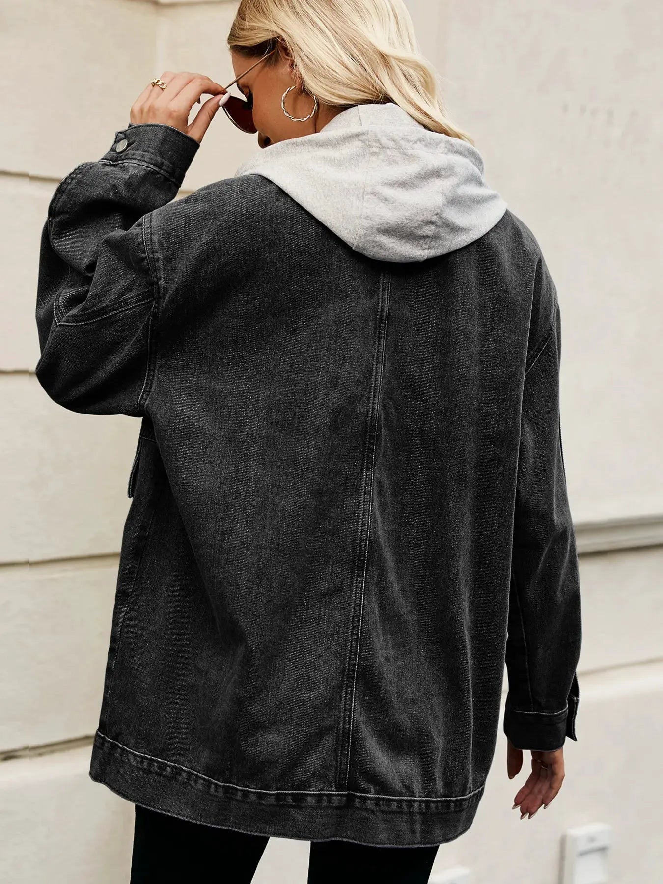 Oversized Button Up Denim Jacket with Hood by Partner Label