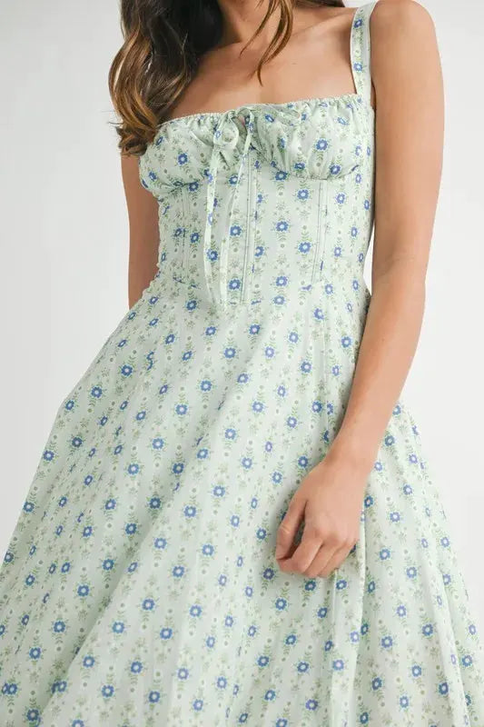 MABLE Floral Print Bustier Back Lace Up Midi Dress by MABLE