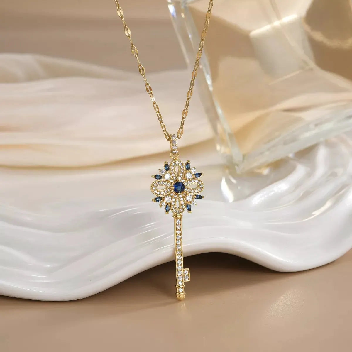 18K Gold-Plated Zircon Key Pendant Necklace by Partner Label