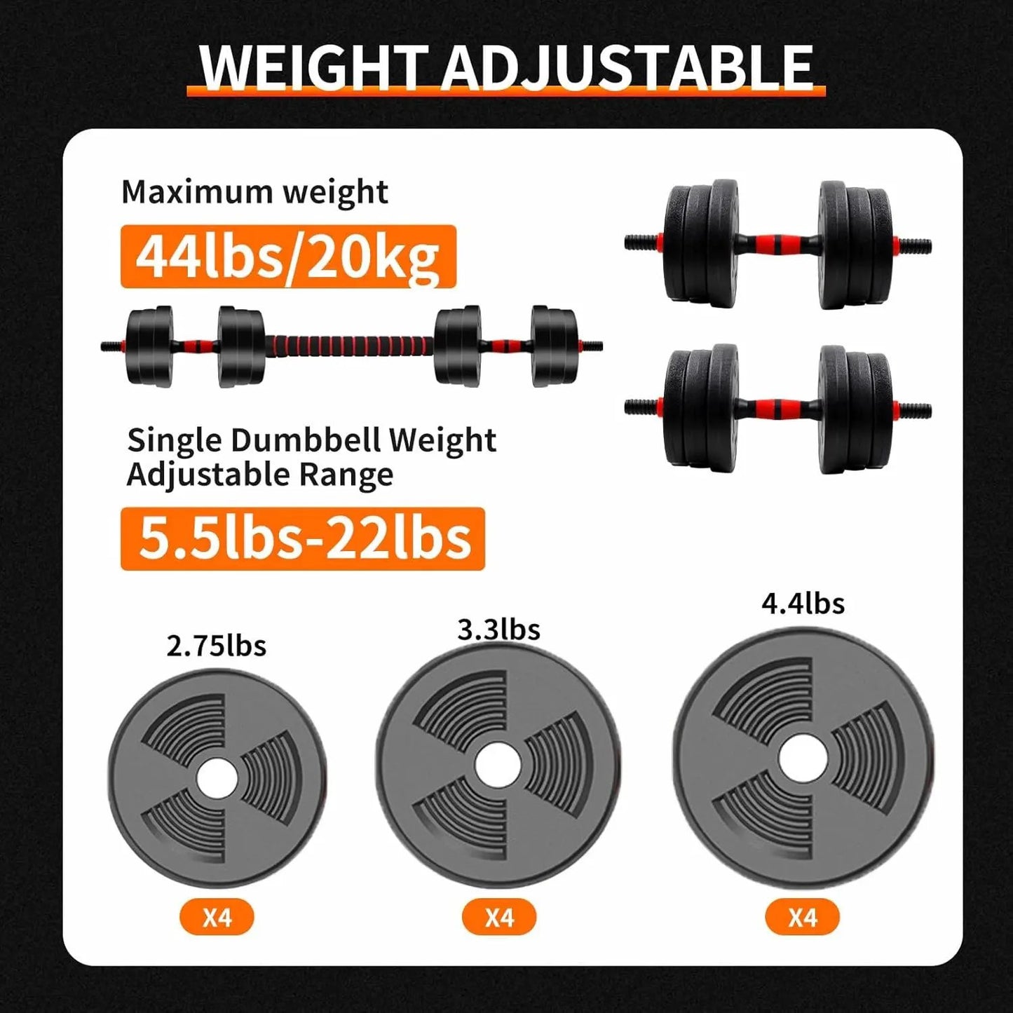 5-44lbs Adjustable Dumbbell to Barbell Set, Anti-Slip Grip, Versatile Home Gym Fitness Strength Training Barbell Weight Plates by Equanimity Essence.