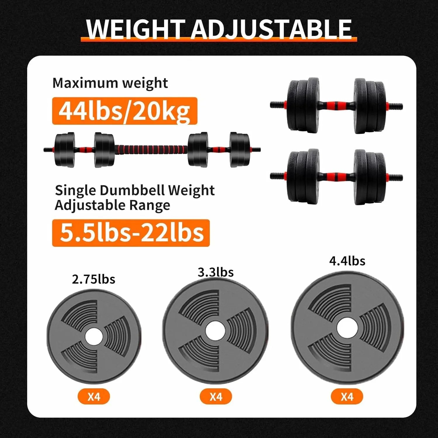 5-44lbs Adjustable Dumbbell to Barbell Set, Anti-Slip Grip, Versatile Home Gym Fitness Strength Training Barbell Weight Plates by Equanimity Essence.