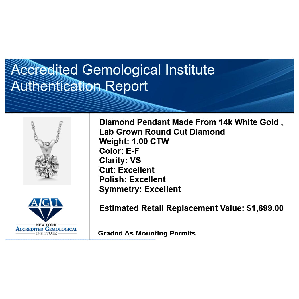 1 Ctw Round Lab Grown Diamond Pendant Necklace in 14K Gold (AGI Certified)