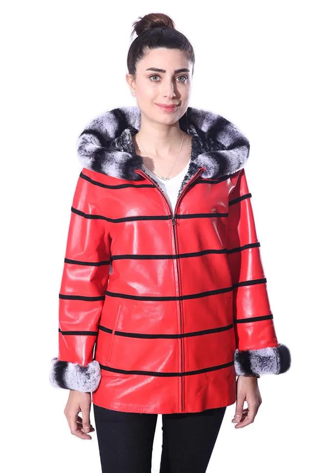 Anna Womens Real Fur Leather Jacket with Hood by Inland Leather Co